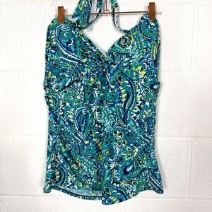 Chaps Tankini Top Blue Paisley Floral Twist Front Tie Neck Travel Swim Resort 18